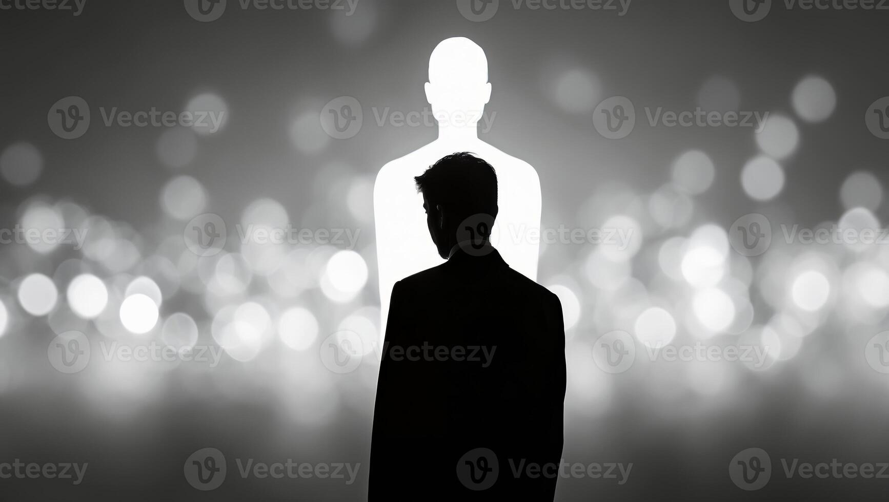 Silhouette of a man facing a glowing figure in a blurred light background at night photo