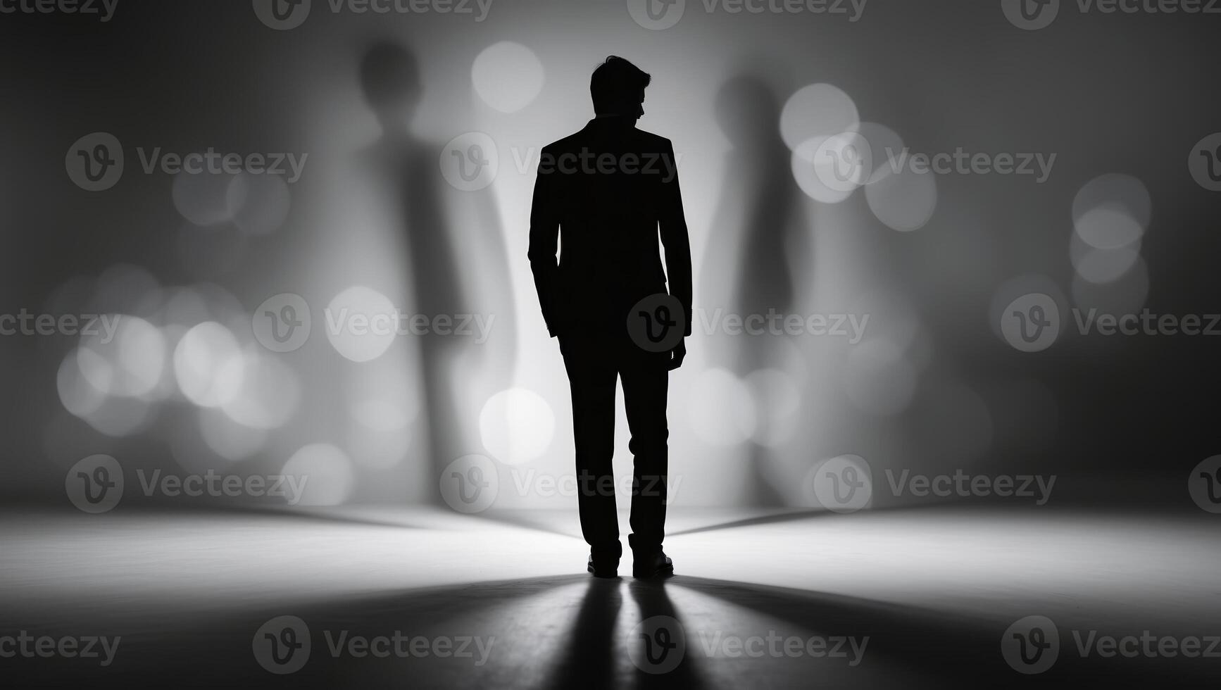 Silhouette of a man standing alone in a dramatic light setting with blurred figures in the background photo