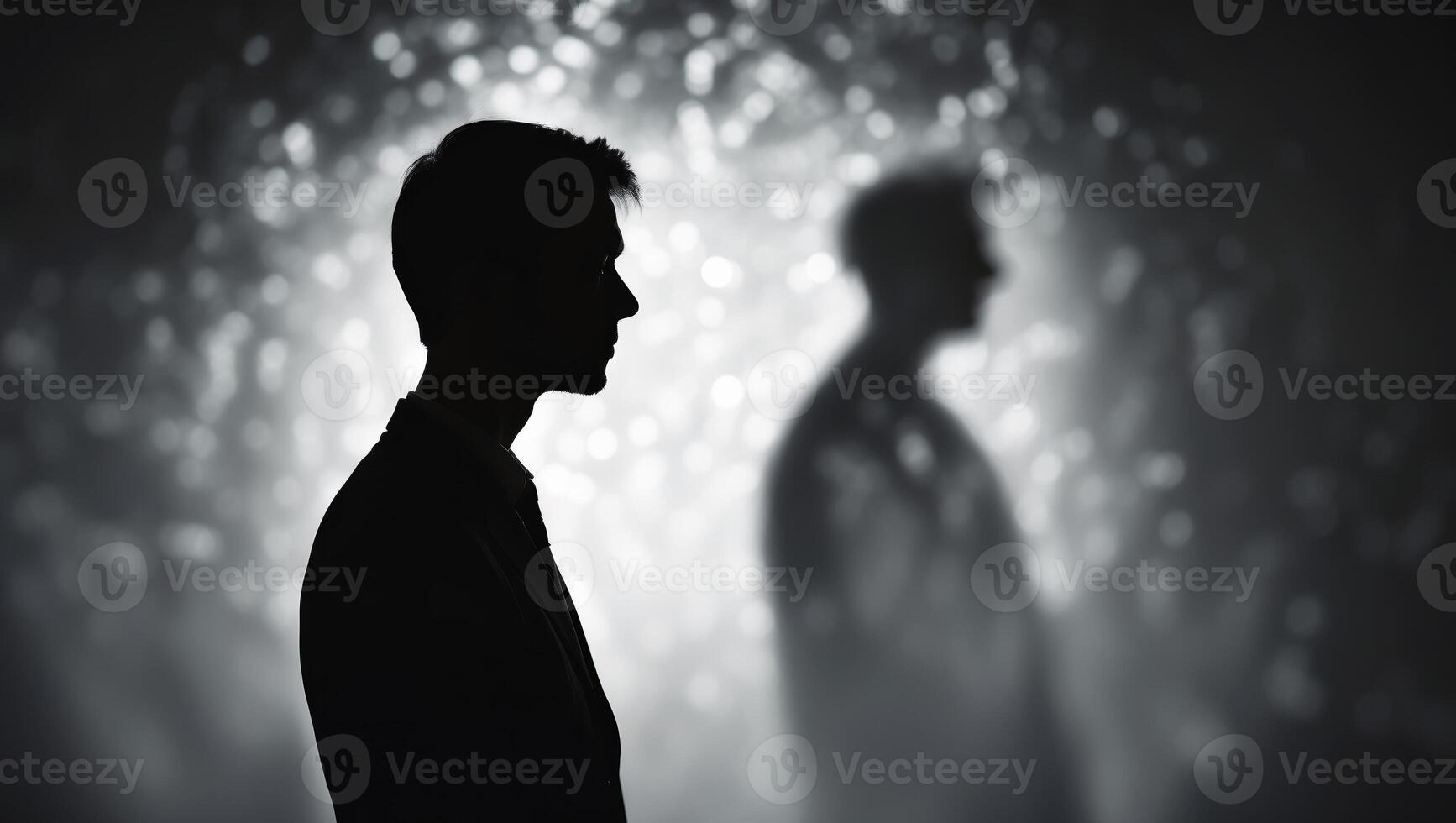 Silhouette of a person standing against a soft, illuminated background with a shadowy figure behind photo