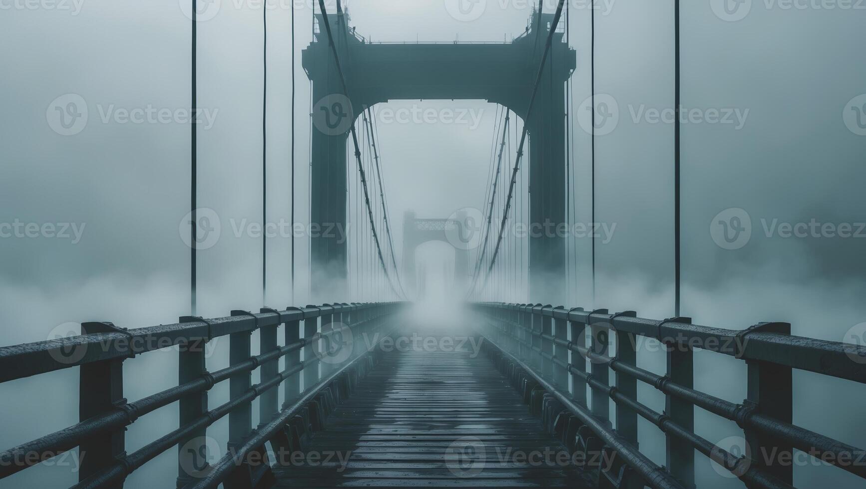 Fog engulfs a suspension bridge creating a mysterious atmosphere at dawn photo