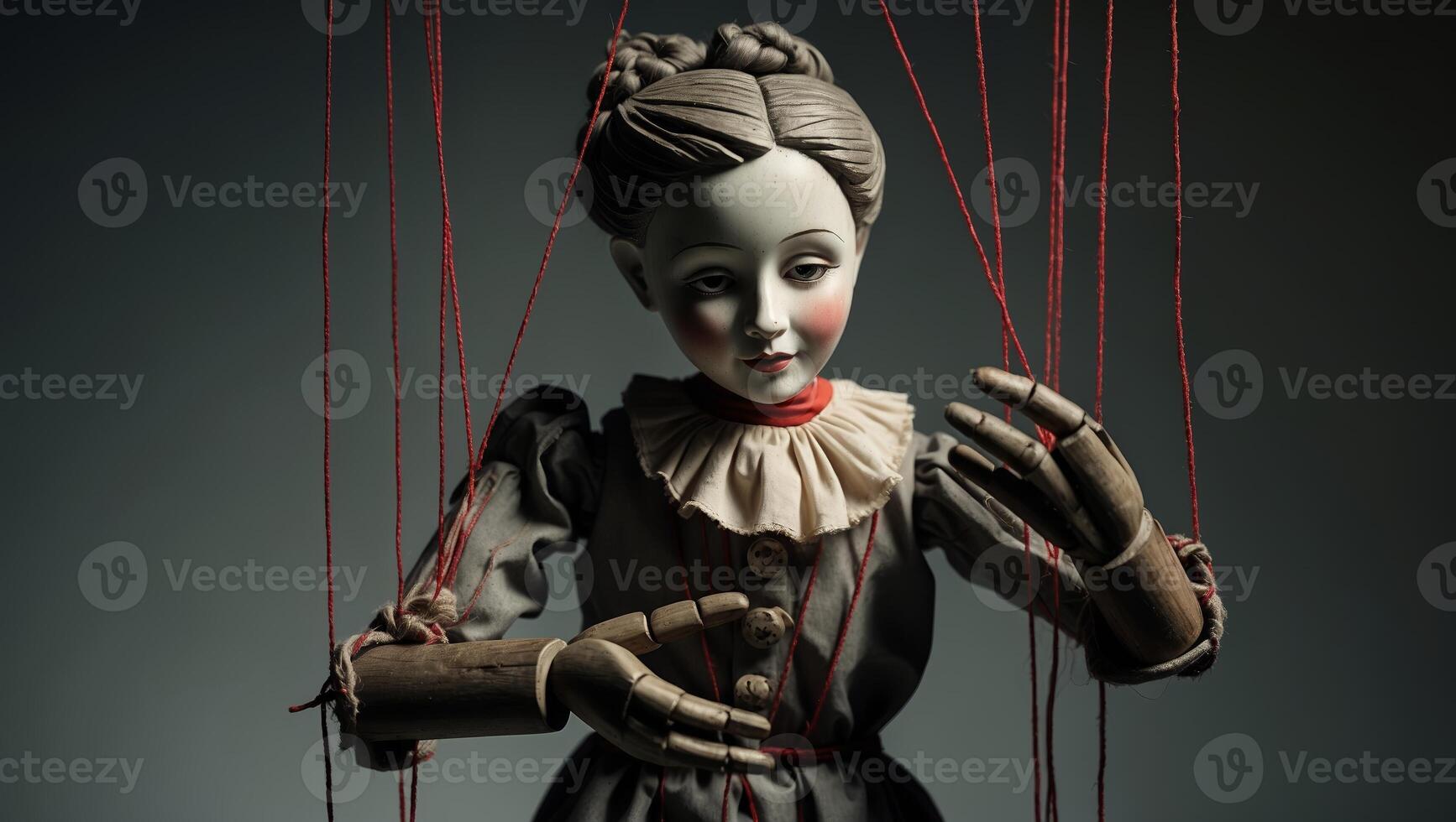 Wooden marionette with delicate facial features performs in a dimly lit studio setting photo