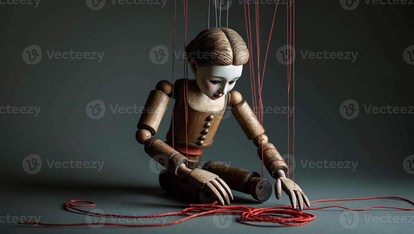 Wooden puppet sits on the floor, surrounded by strings, in a dimly lit space with a dramatic focus on craftsmanship and detail photo
