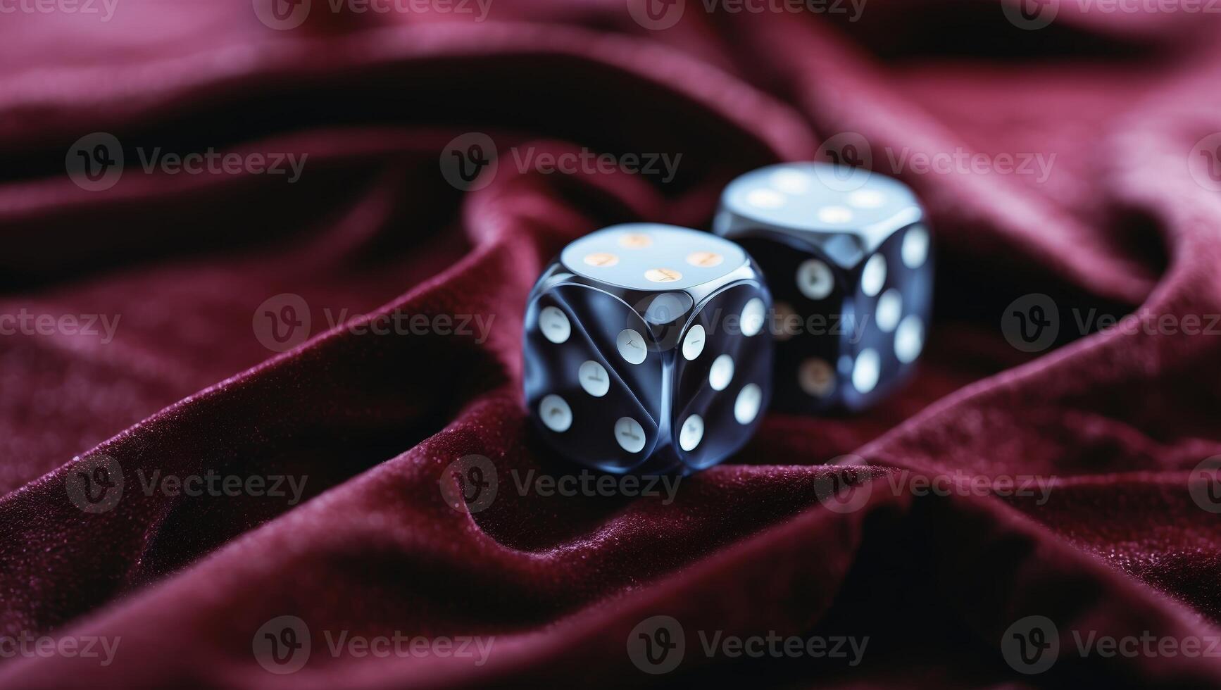 Black dice resting on luxurious red velvet fabric showcasing a game likely in progress during an evening gathering photo