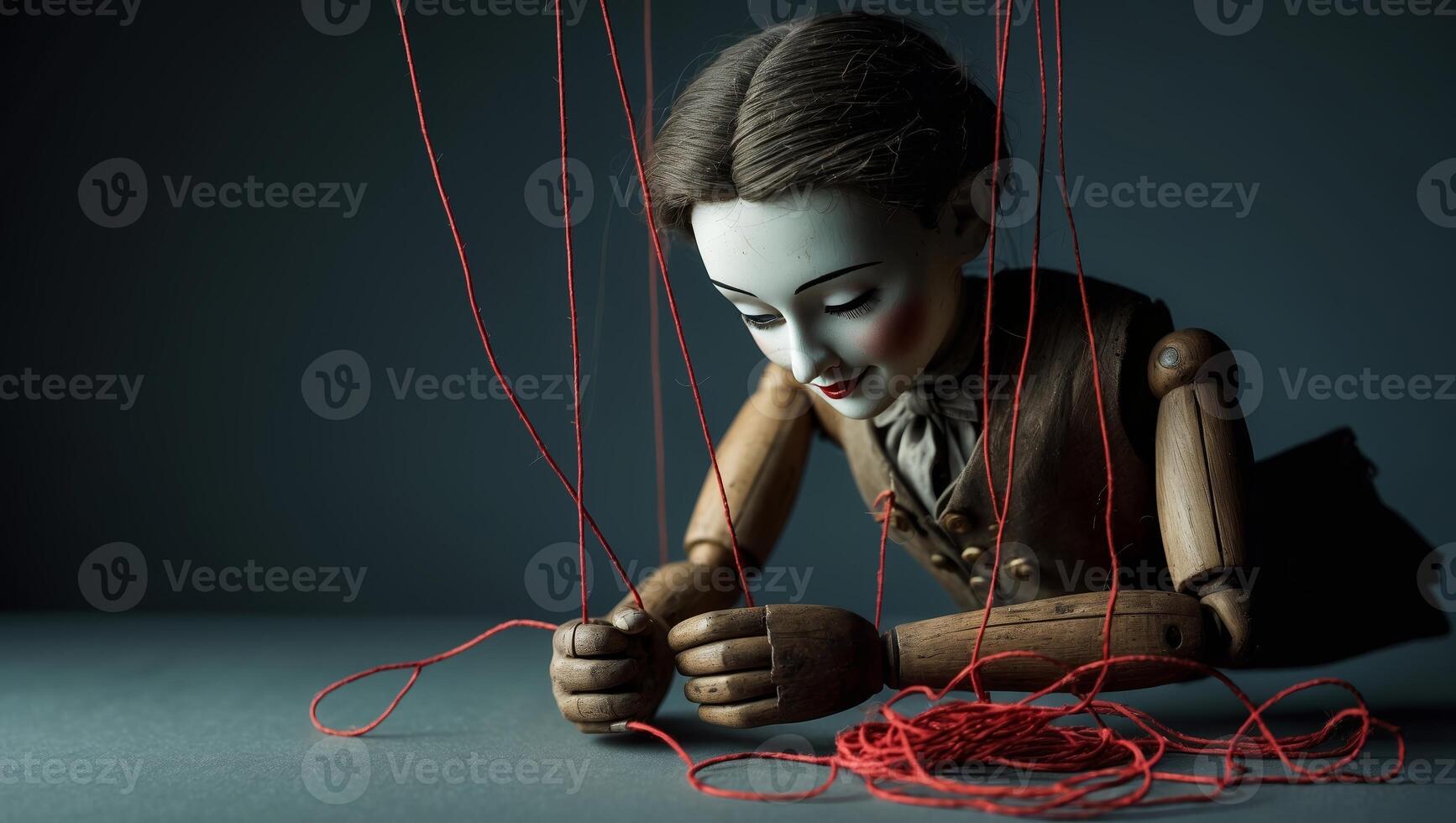 Wooden puppet sits at a table tangled in red strings in a dimly lit room photo