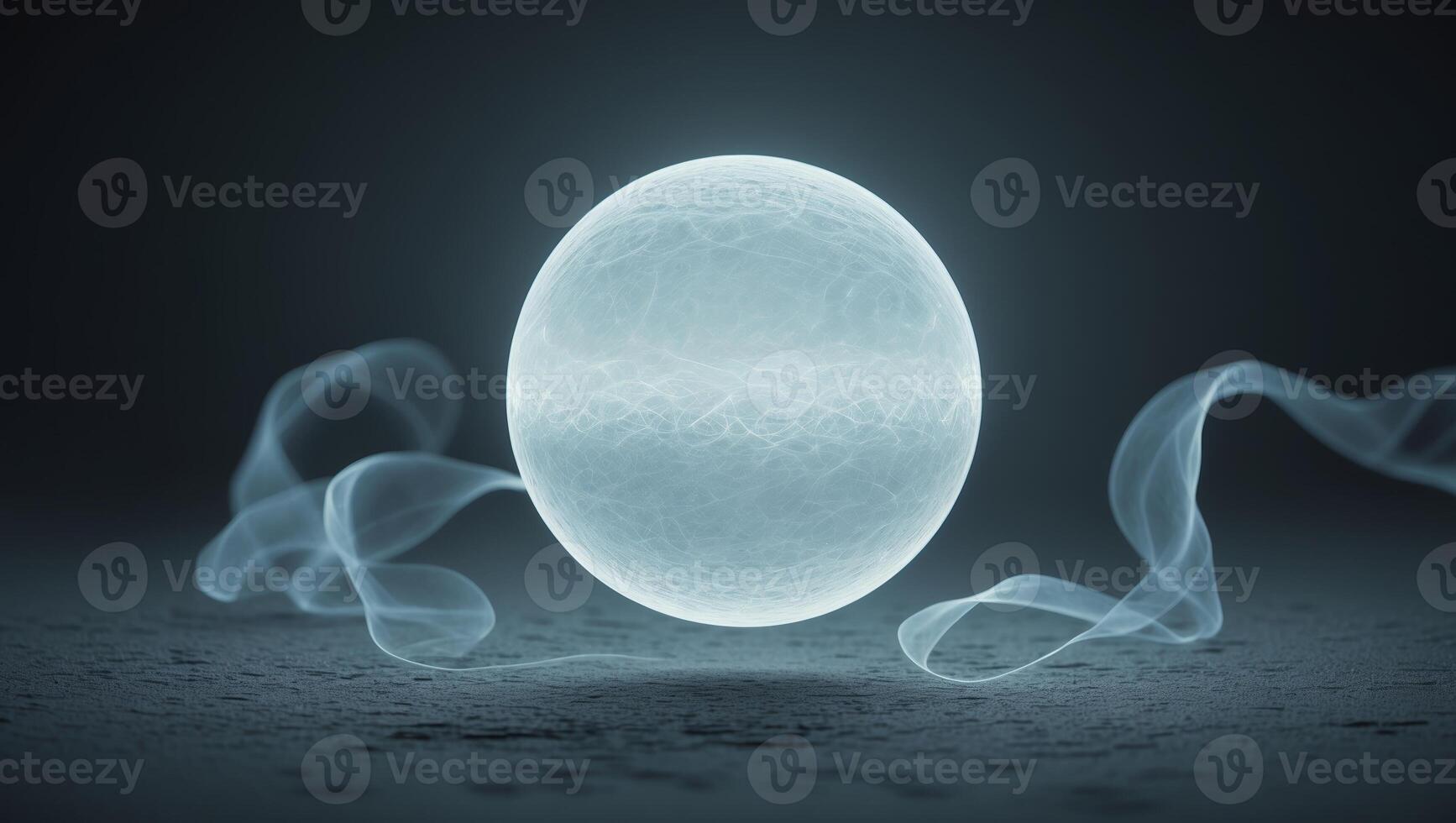 Floating glowing orb surrounded by ethereal wisps on a dark backdrop at a tranquil setting photo