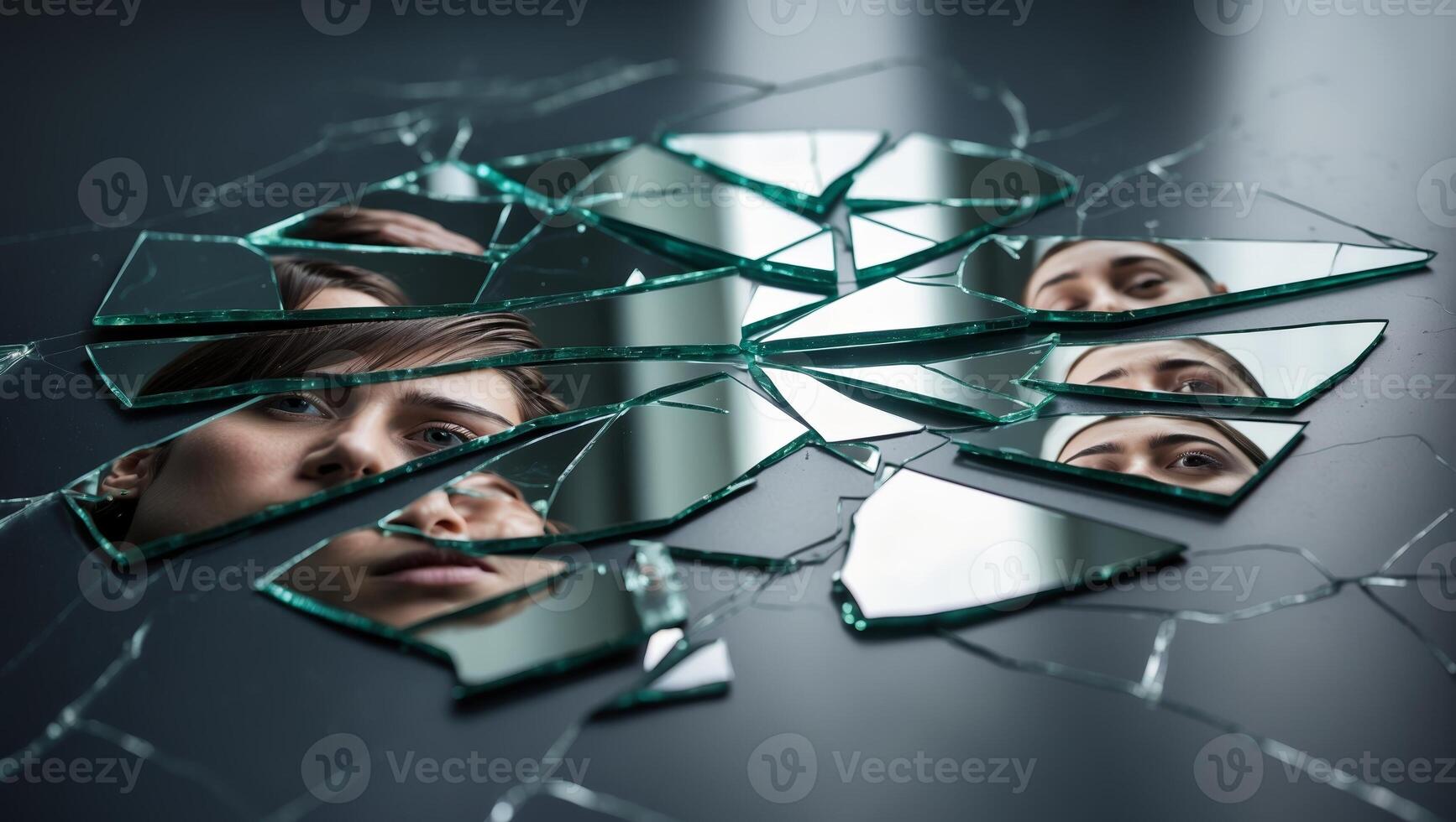 Reflections of self in shattered glass evoke thoughts of identity and perception in a dimly lit space photo