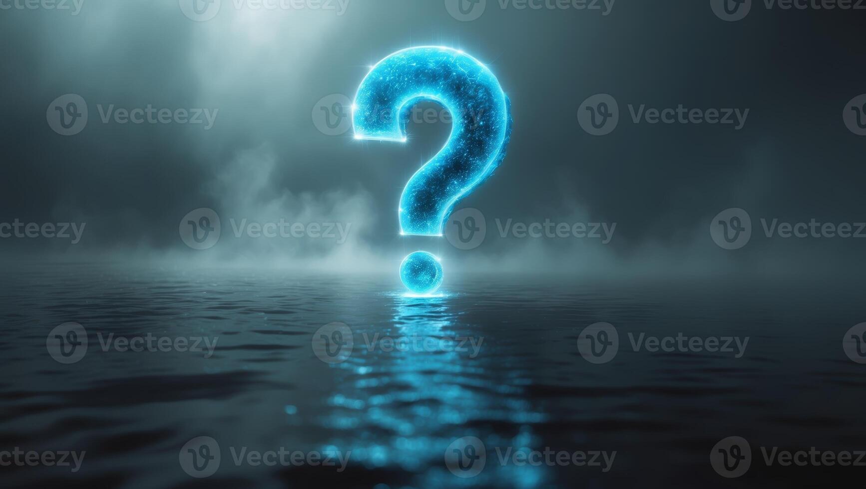 Mysterious glowing question mark rises from calm waters during foggy twilight photo