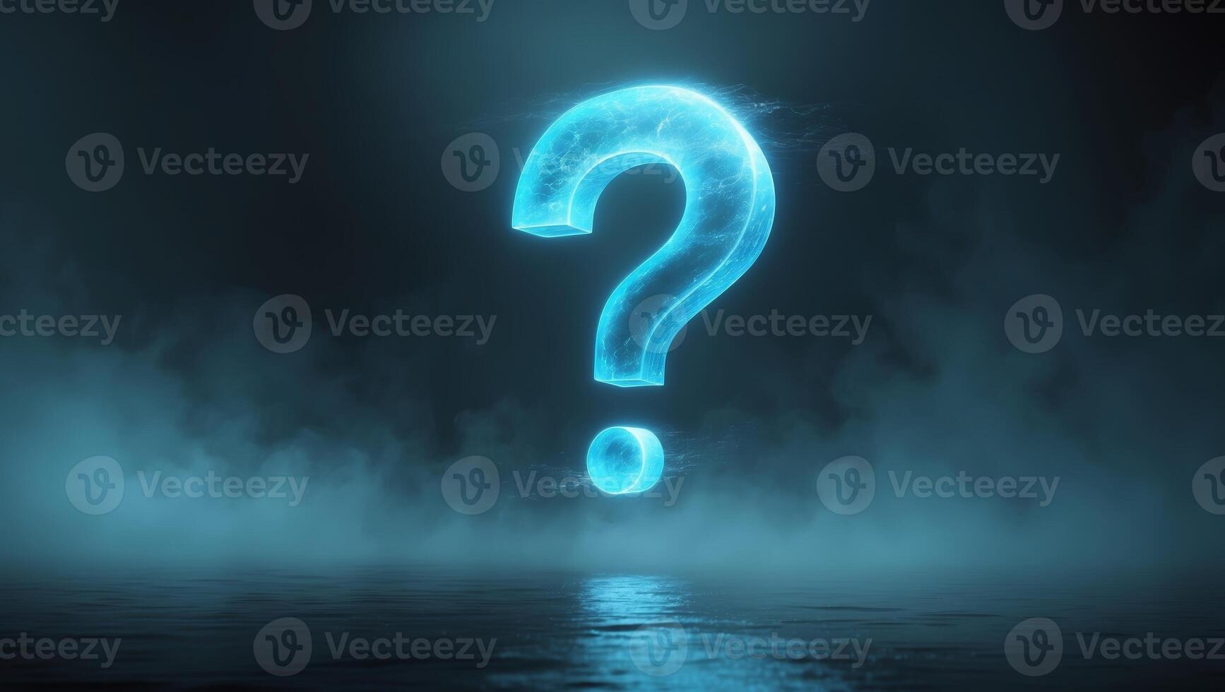 Mysterious glowing question mark floating above a dark reflective surface in a foggy environment at night photo