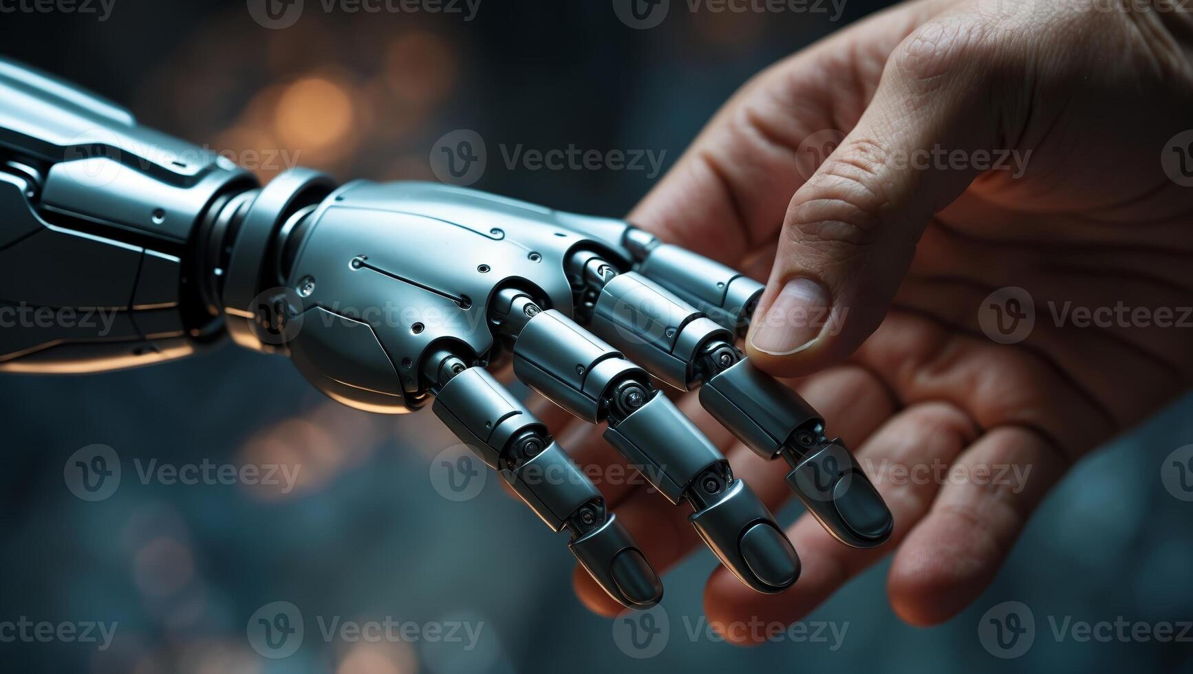 Human hand touches robotic hand in a moment of connection and technology interaction photo