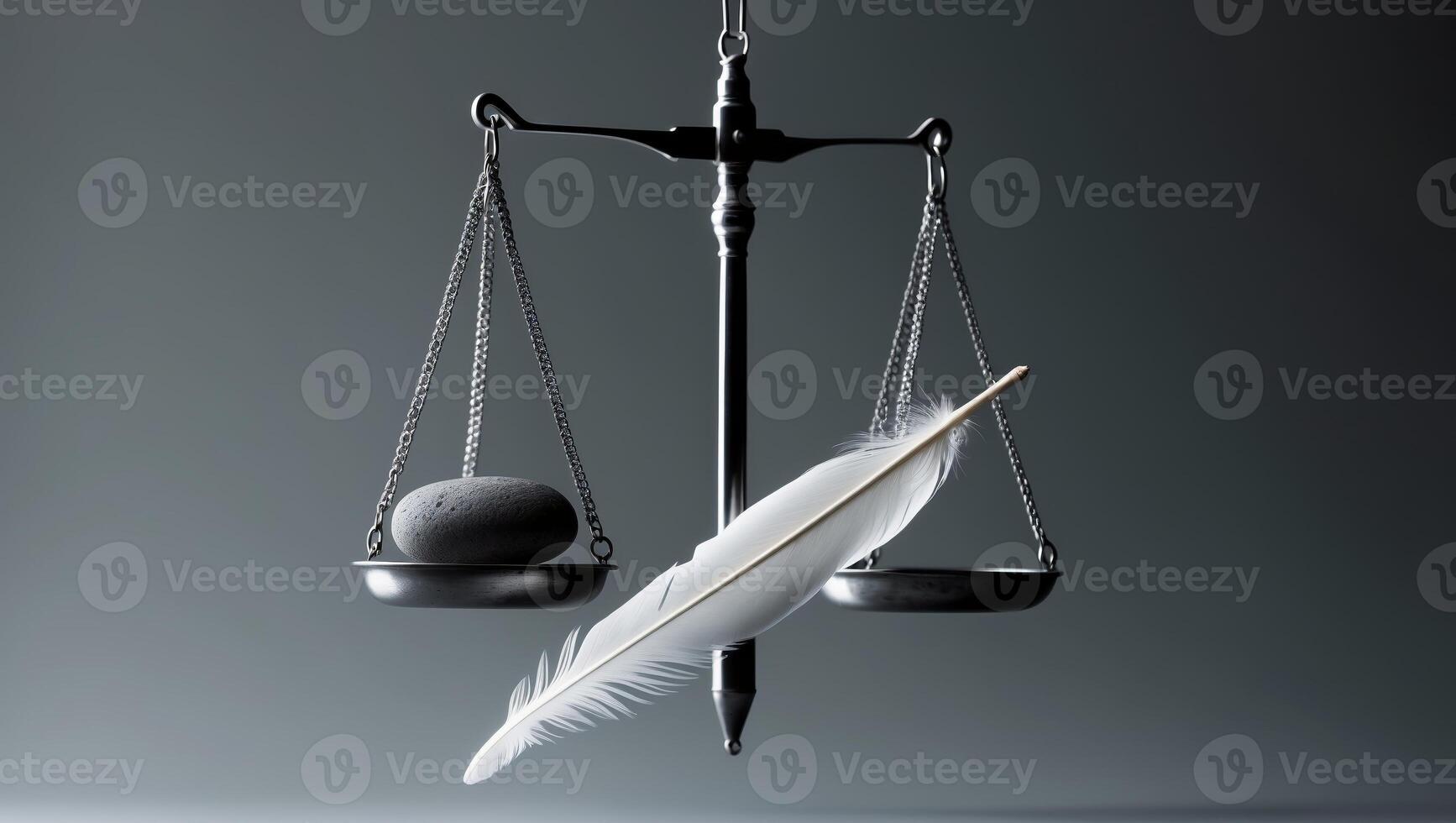 Balancing justice with a feather and stone in a monochrome setting photo