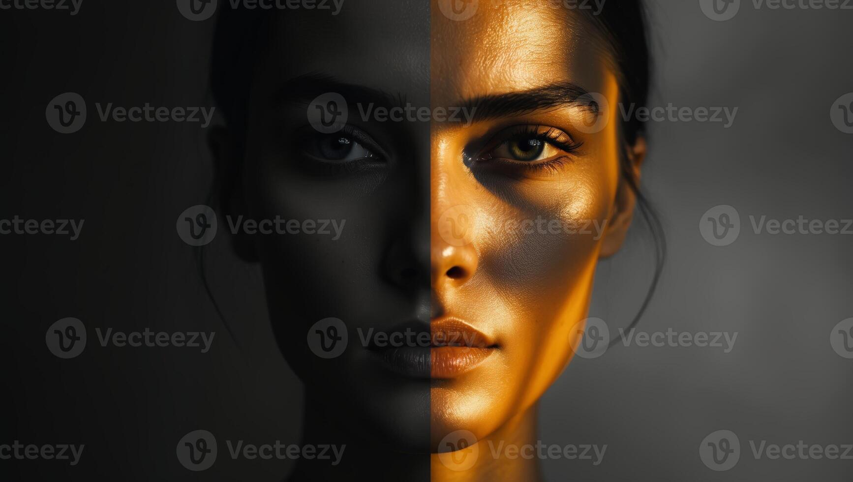 Contrasting light and shadow on a woman's face showcasing dramatic expression and striking features photo