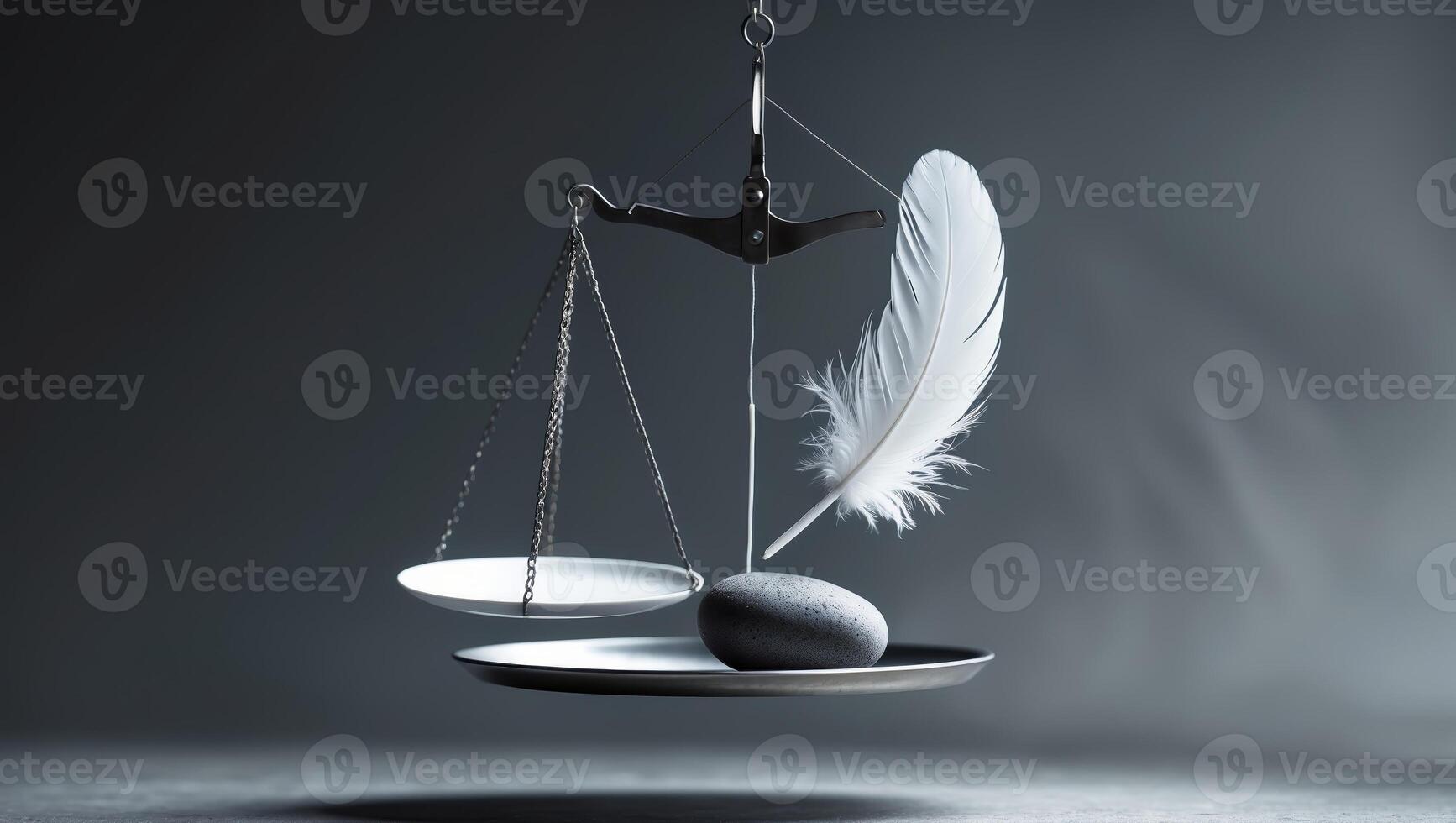 Balance between weight and lightness exemplified by stone and feather on scales in monochromatic setting photo