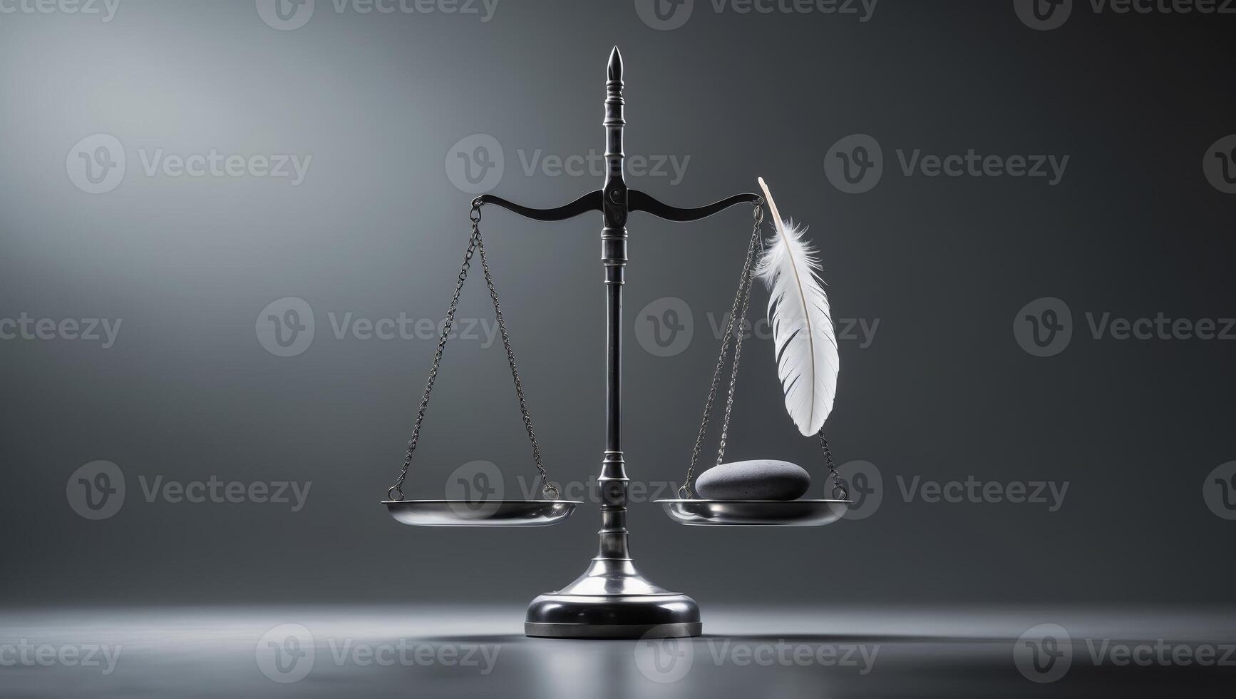 Balancing justice with a feather and a stone in a minimalist setting during low light conditions photo