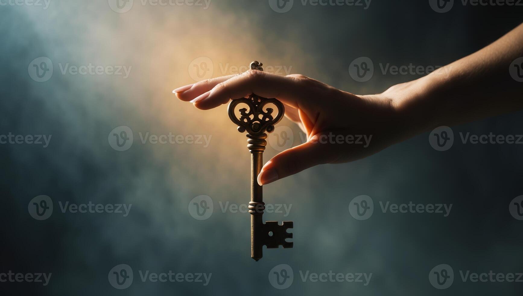 Hand holding a vintage key against a misty background with dramatic lighting highlighting its intricate design photo