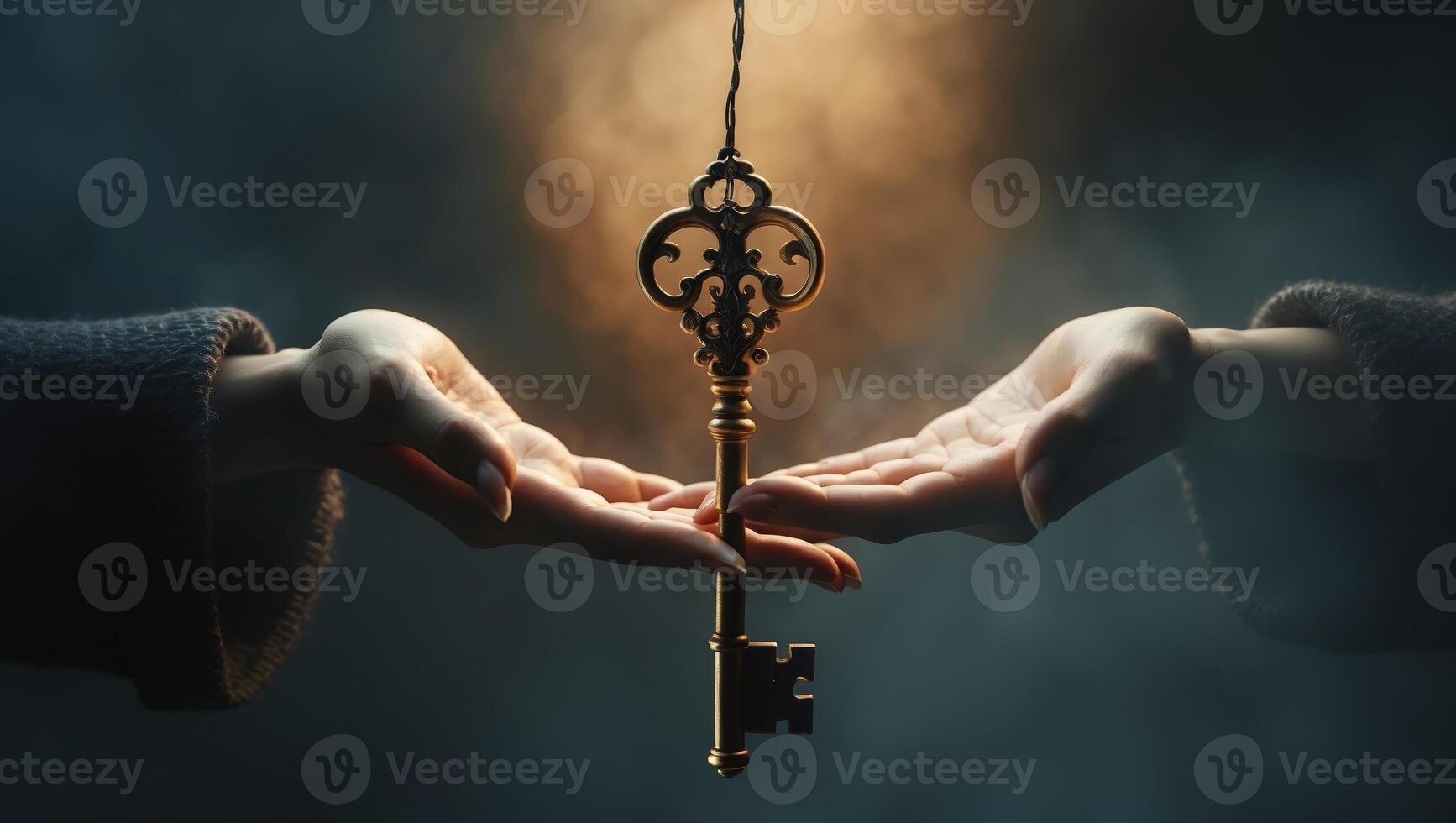Intricate key exchanged between hands in a mystical atmosphere with dramatic lighting creating an enchanting effect photo