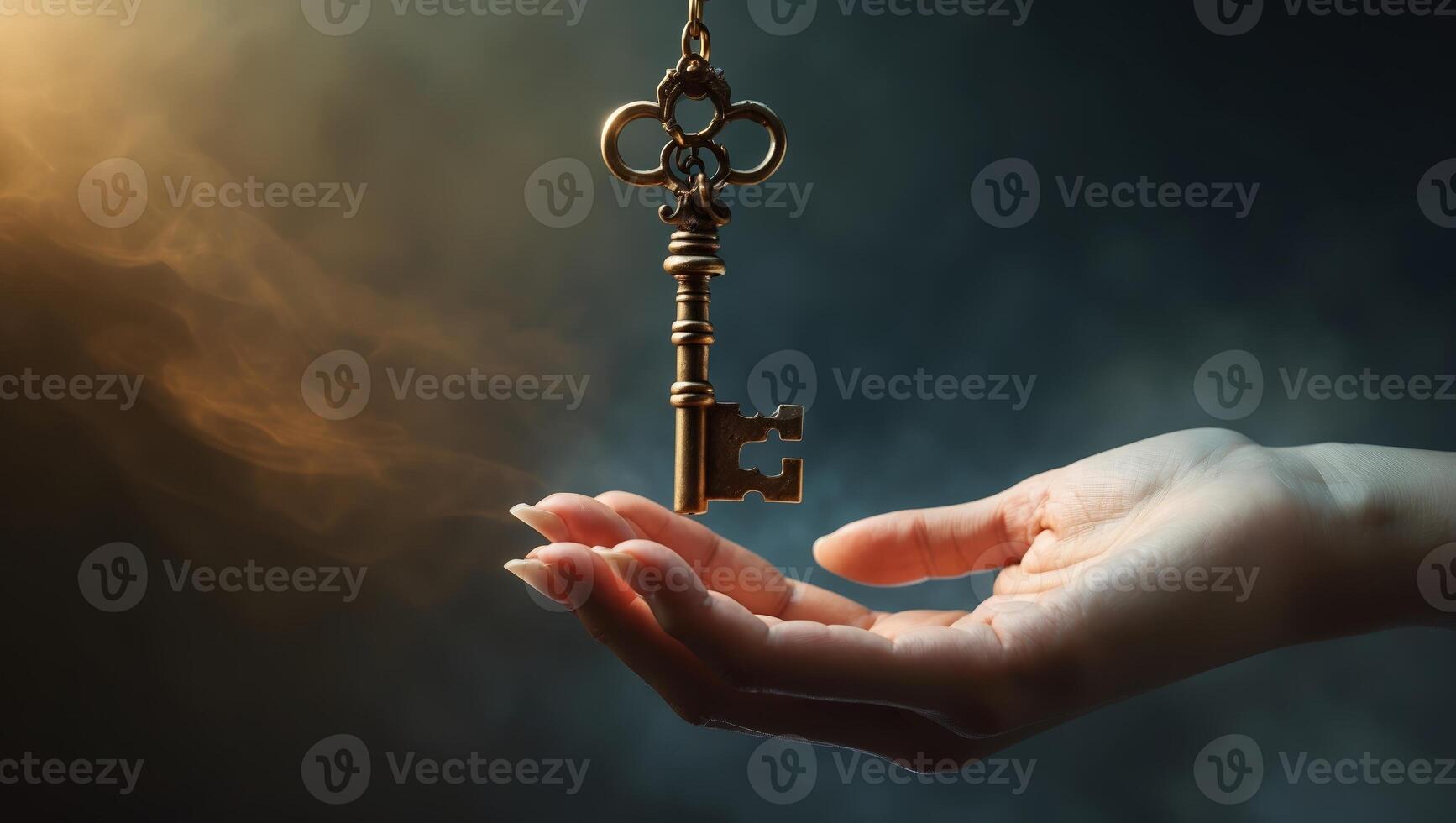Hand reaches for an antique key illuminated by dramatic lighting in a mysterious setting photo