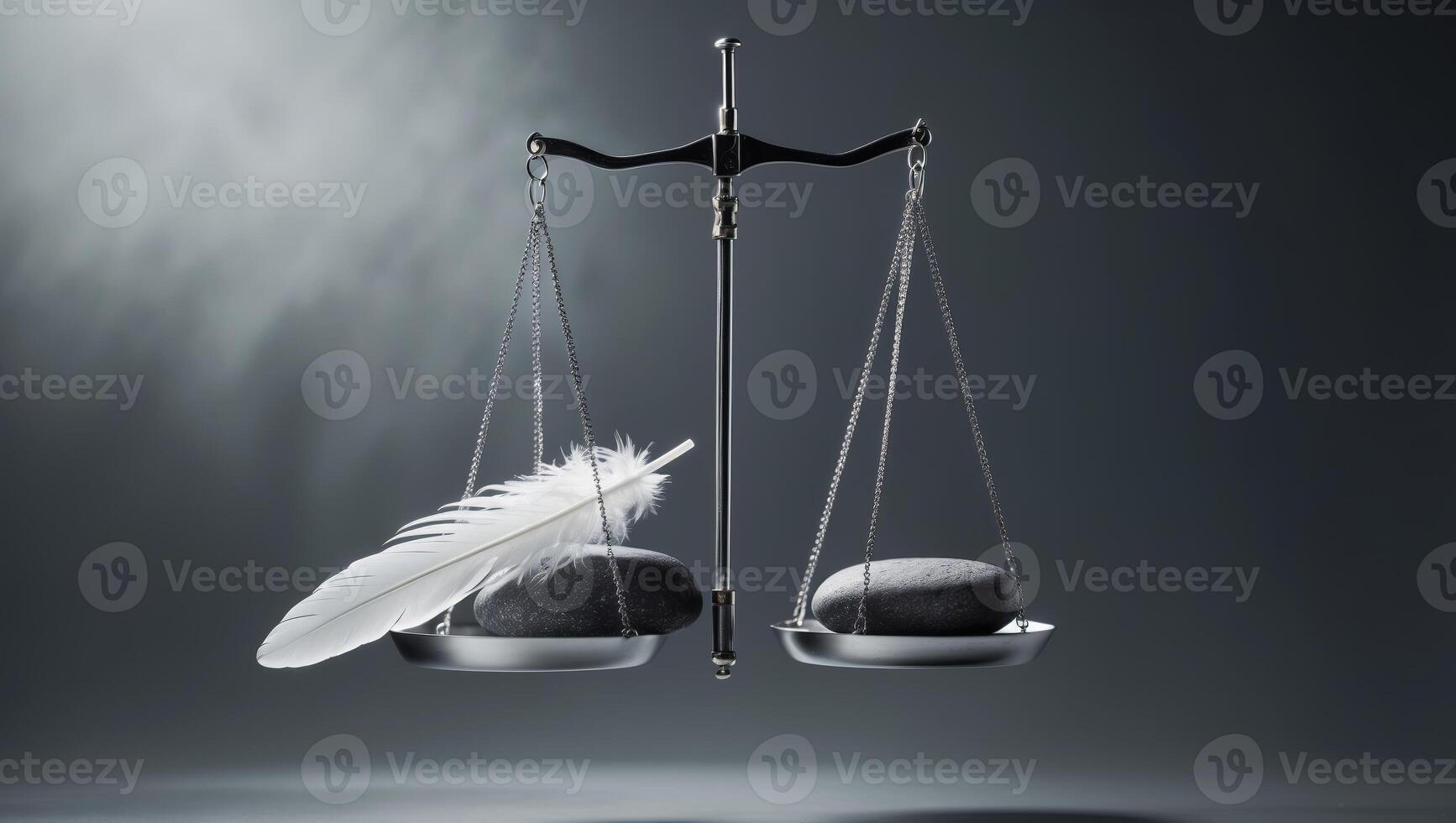 Balance between weighty stones and a delicate feather illustrates the concept of justice in a creative visual representation photo