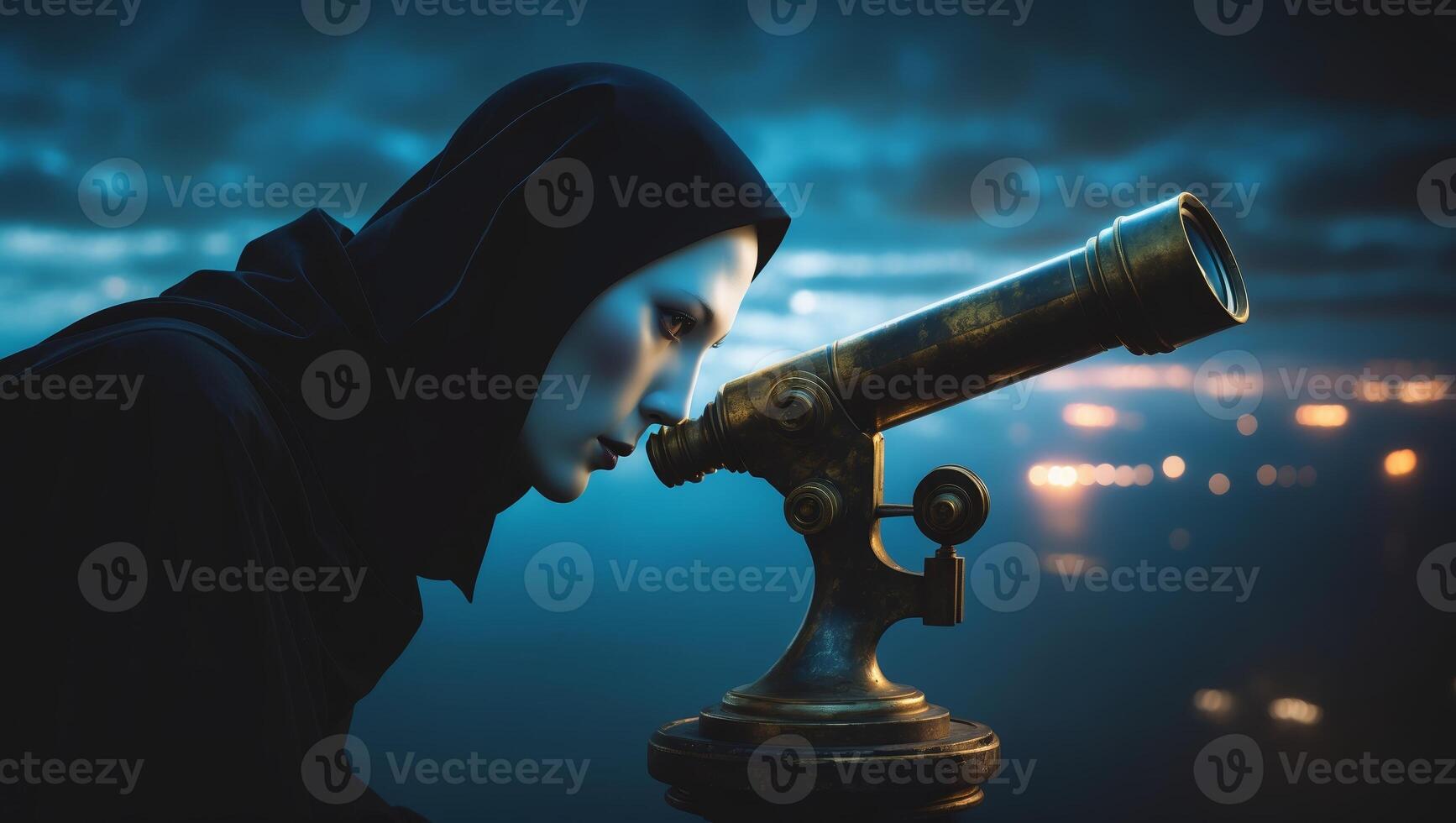 Mysterious figure gazing through a vintage telescope at night near a tranquil body of water photo