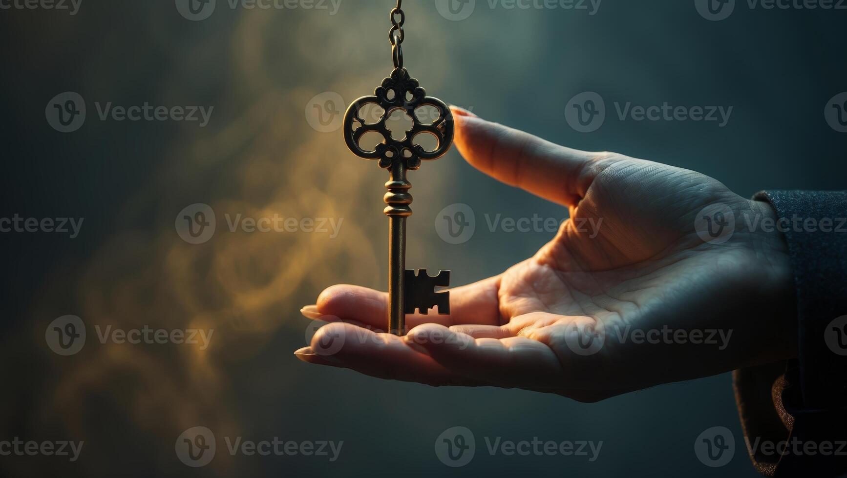 Intricate key held delicately in hand amidst a mystic, illuminated background setting the tone for discovery and adventure photo
