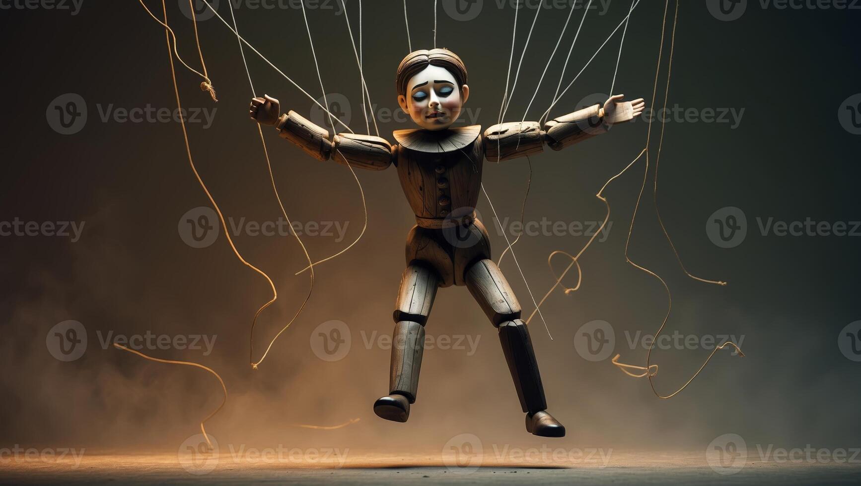 Wooden puppet suspended and manipulated by strings against a dramatic backdrop photo
