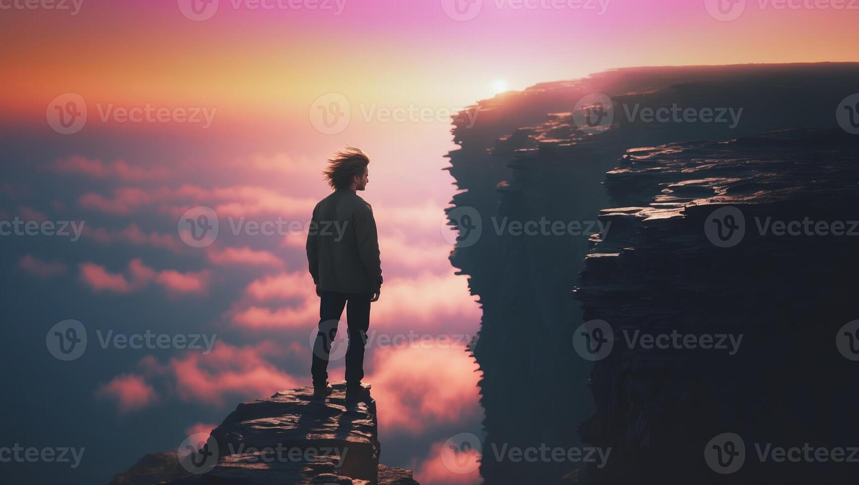 Person stands on cliff edge while watching vibrant sunset over clouds in serene landscape photo