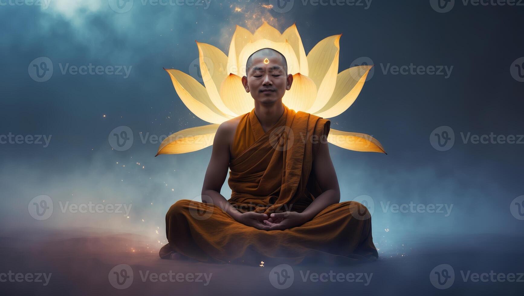 Meditating monk surrounded by glowing lotus flowers in a serene atmosphere photo