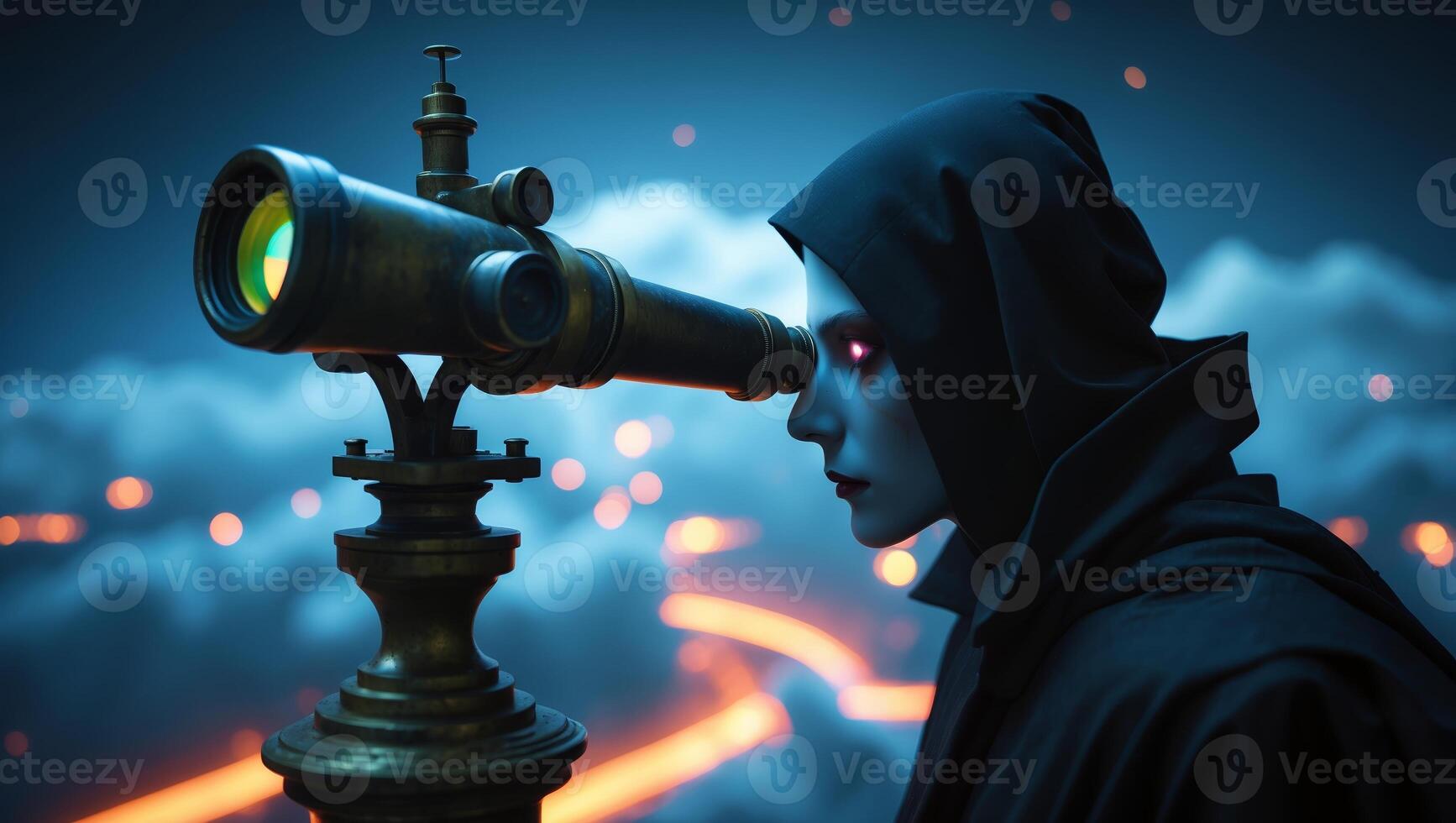 Mystical figure observing the night sky through a vintage telescope in a surreal landscape filled with clouds photo