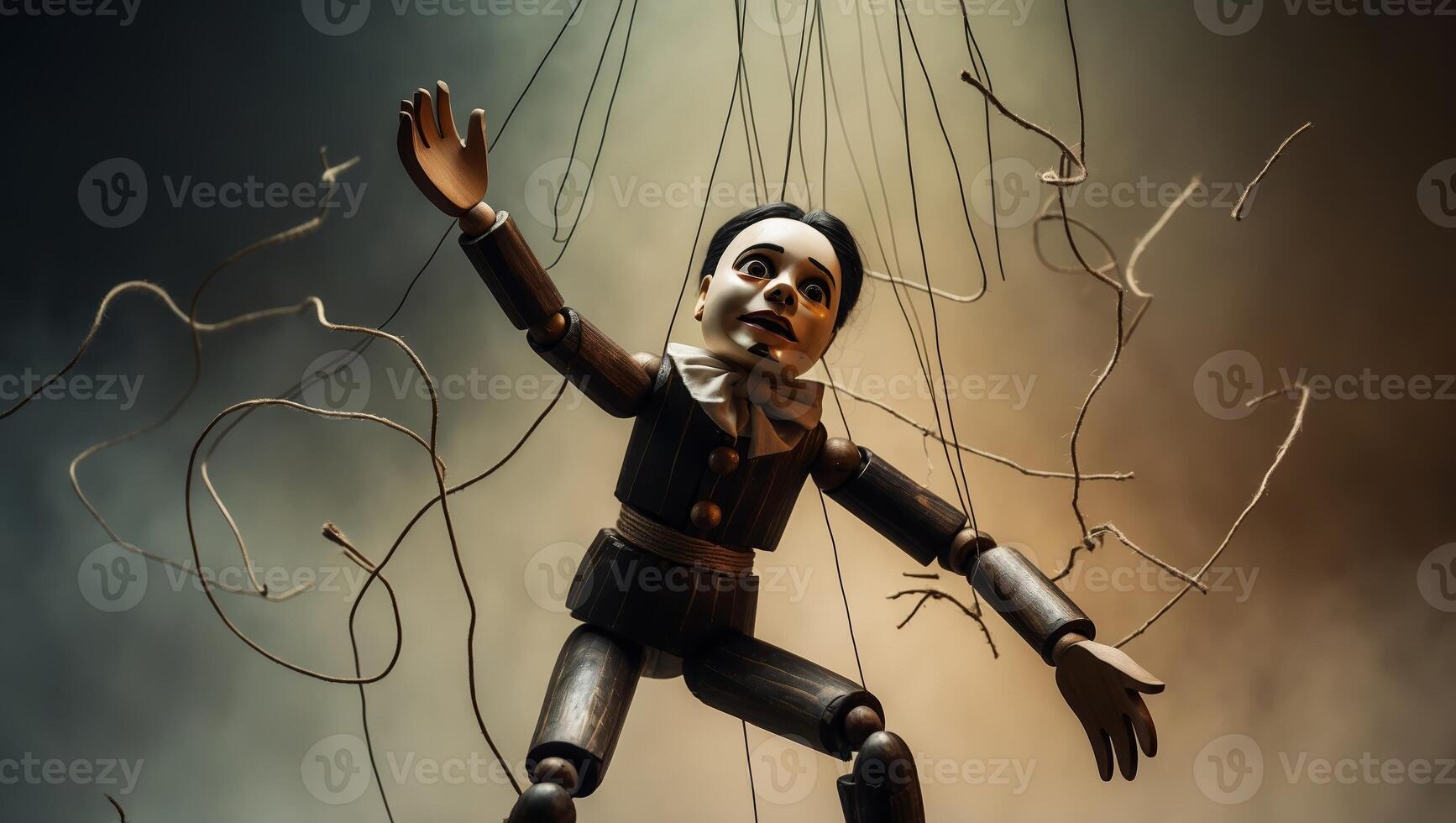 Puppet struggles against tangled strings in dramatic lighting during performance photo