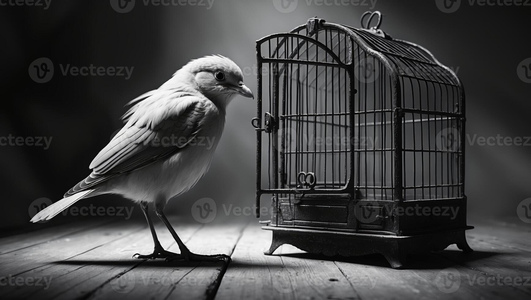 Bird approaches an empty vintage cage while light filters through in a moody black and white setting photo