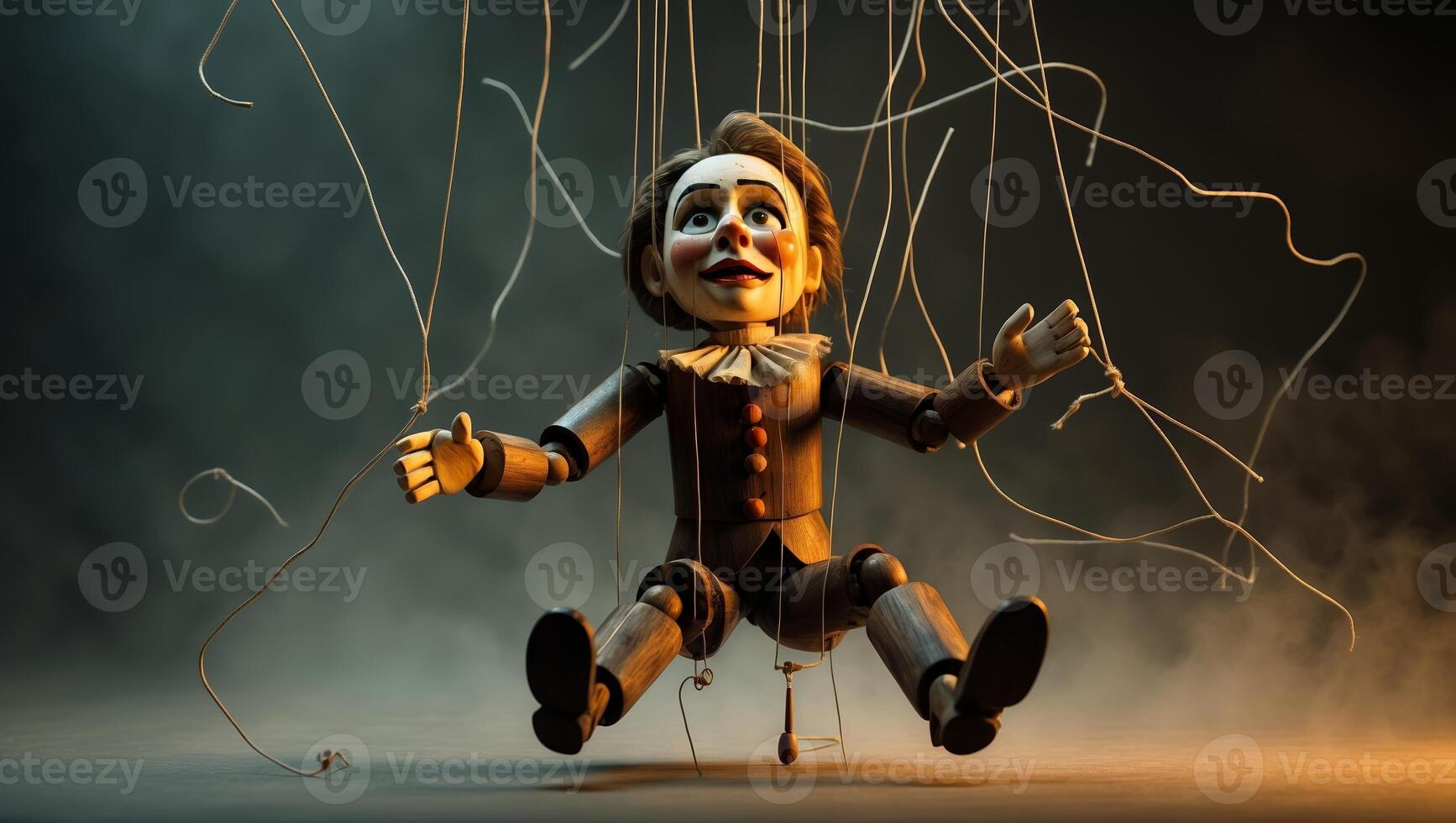 Wooden puppet with strings in dramatic lighting captures the essence of storytelling photo