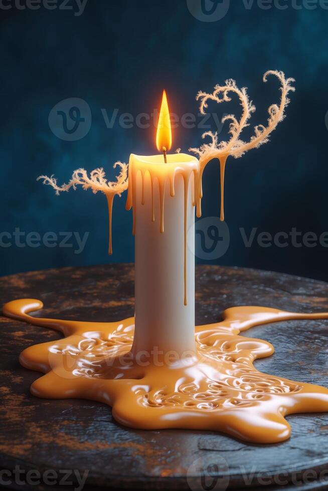 Candle with melting wax creating intricate patterns in dim light at an indoor setting photo