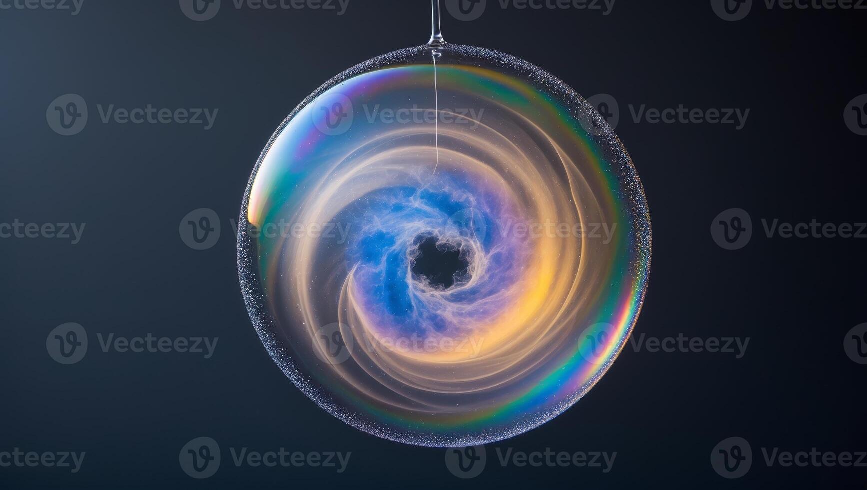 Colorful soap bubble with swirling patterns reflects light against dark background photo