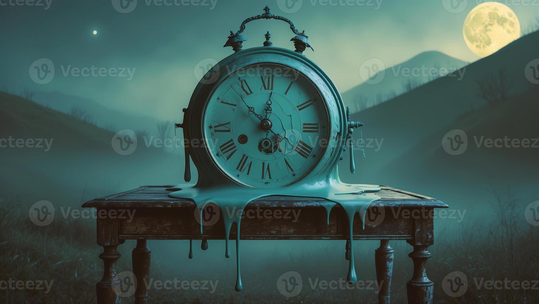 Clock melting on a table in a mystical landscape under a full moon at night photo