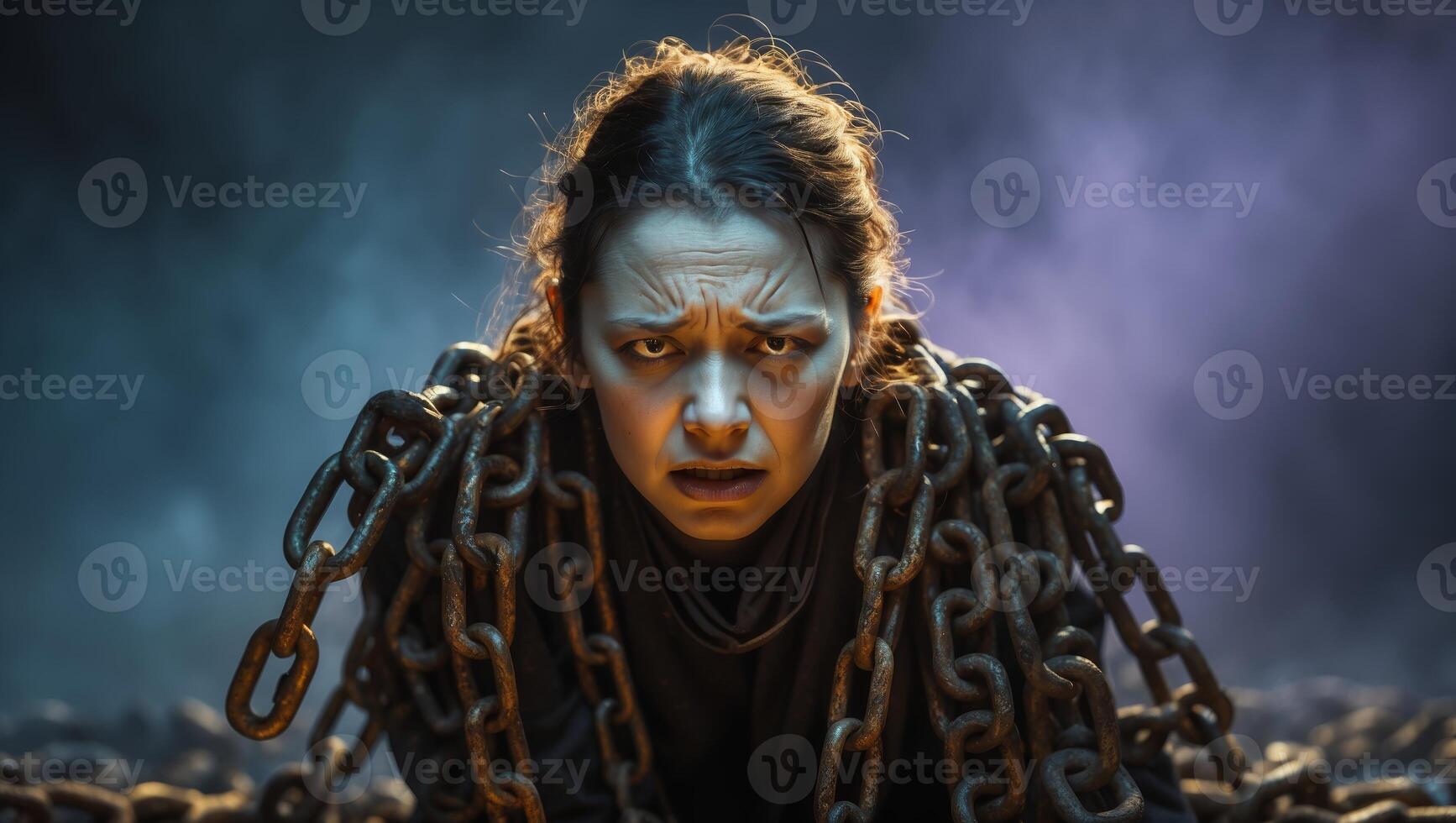 Woman Enveloped in Chains Struggling in a Dark, Smoky Environment During an Intense Moment photo