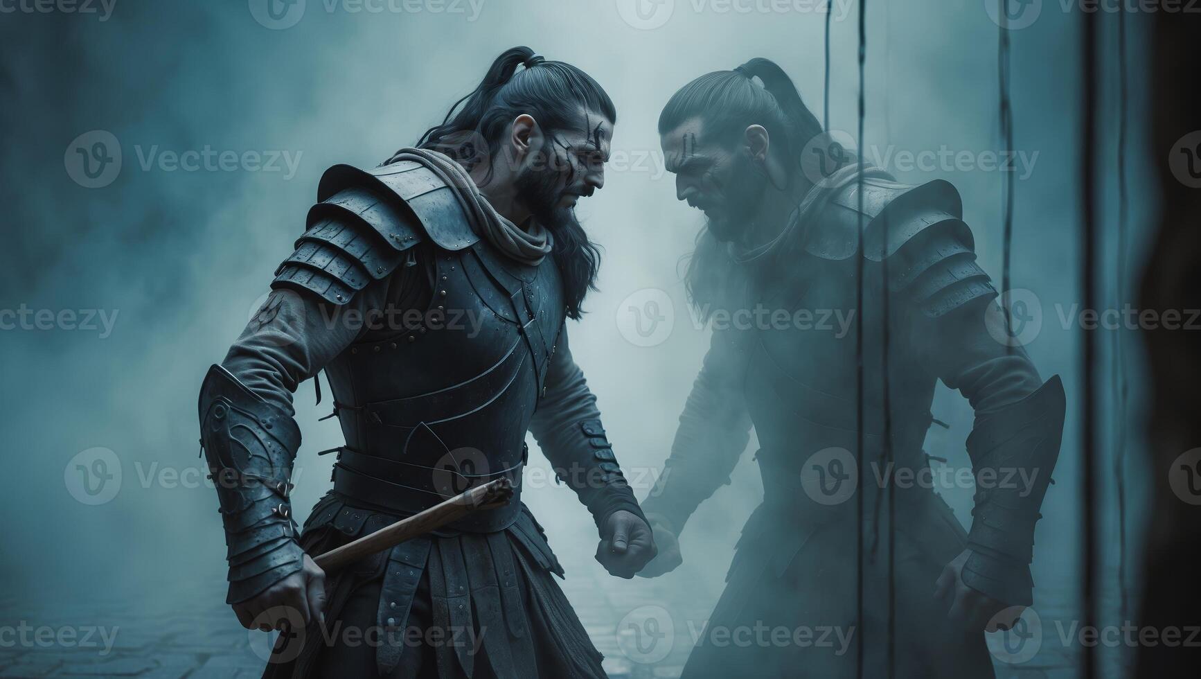 Warrior confronts reflection in misty environment during intense moment of battle preparation photo