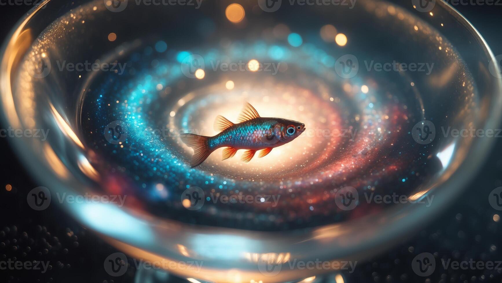 Fish swimming in a cosmic galaxy captured in a crystal bowl with swirling colors and lights photo
