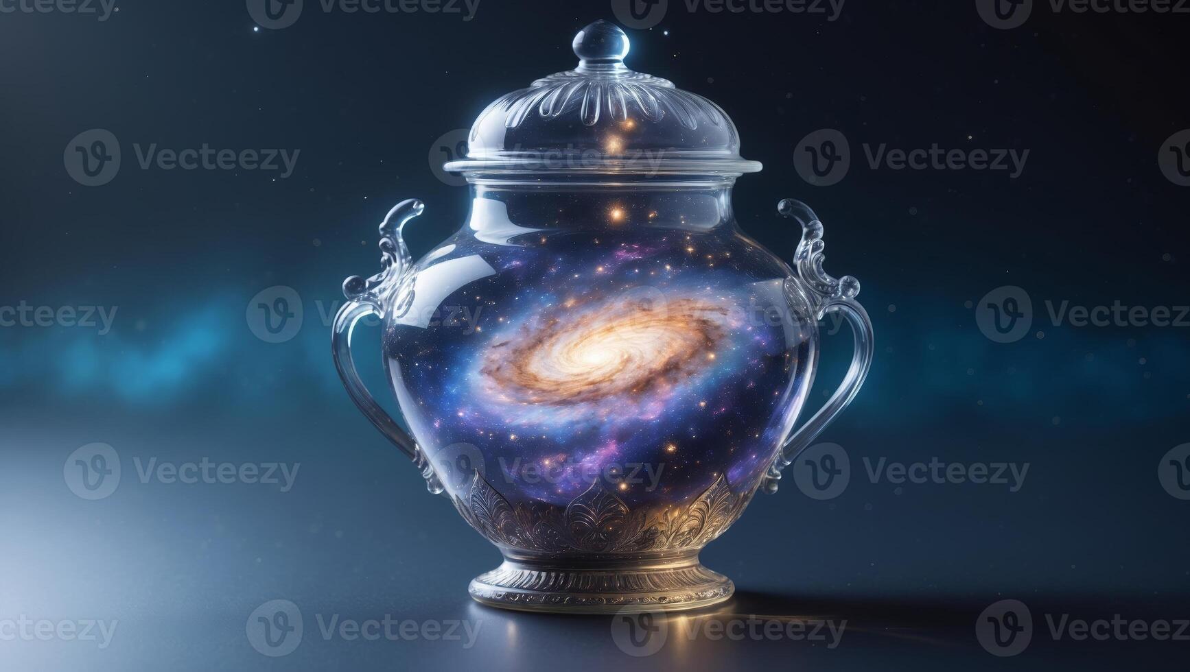 Mystical galaxy captured in a silver container showcasing the beauty of the universe photo