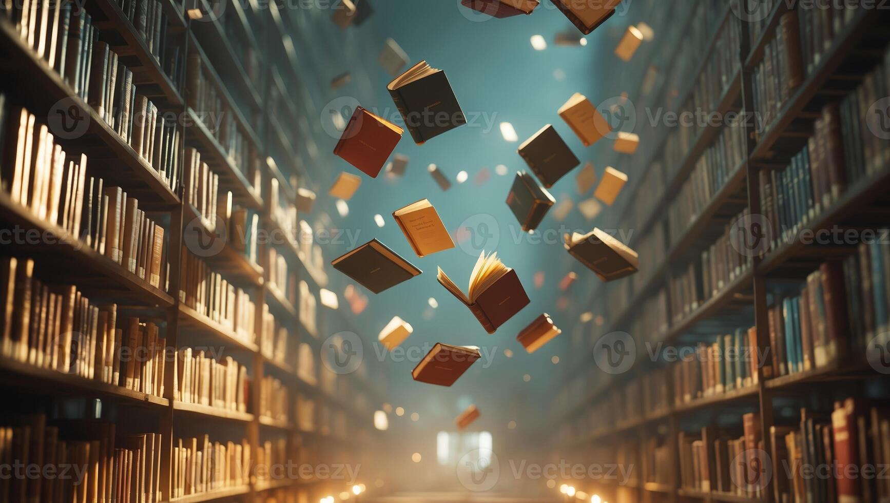 Books are floating between shelves in a dimly lit library during an enchanting evening atmosphere photo