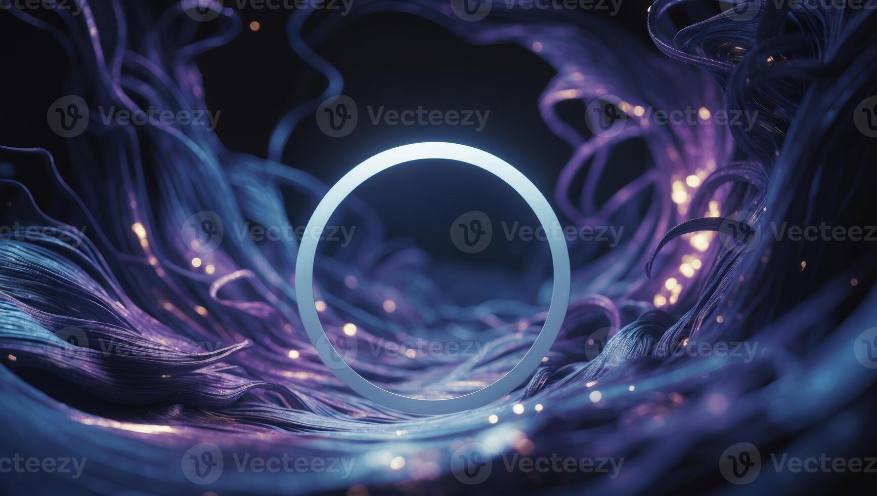 Unique abstract composition featuring glowing strands and a luminous ring in a dark environment photo