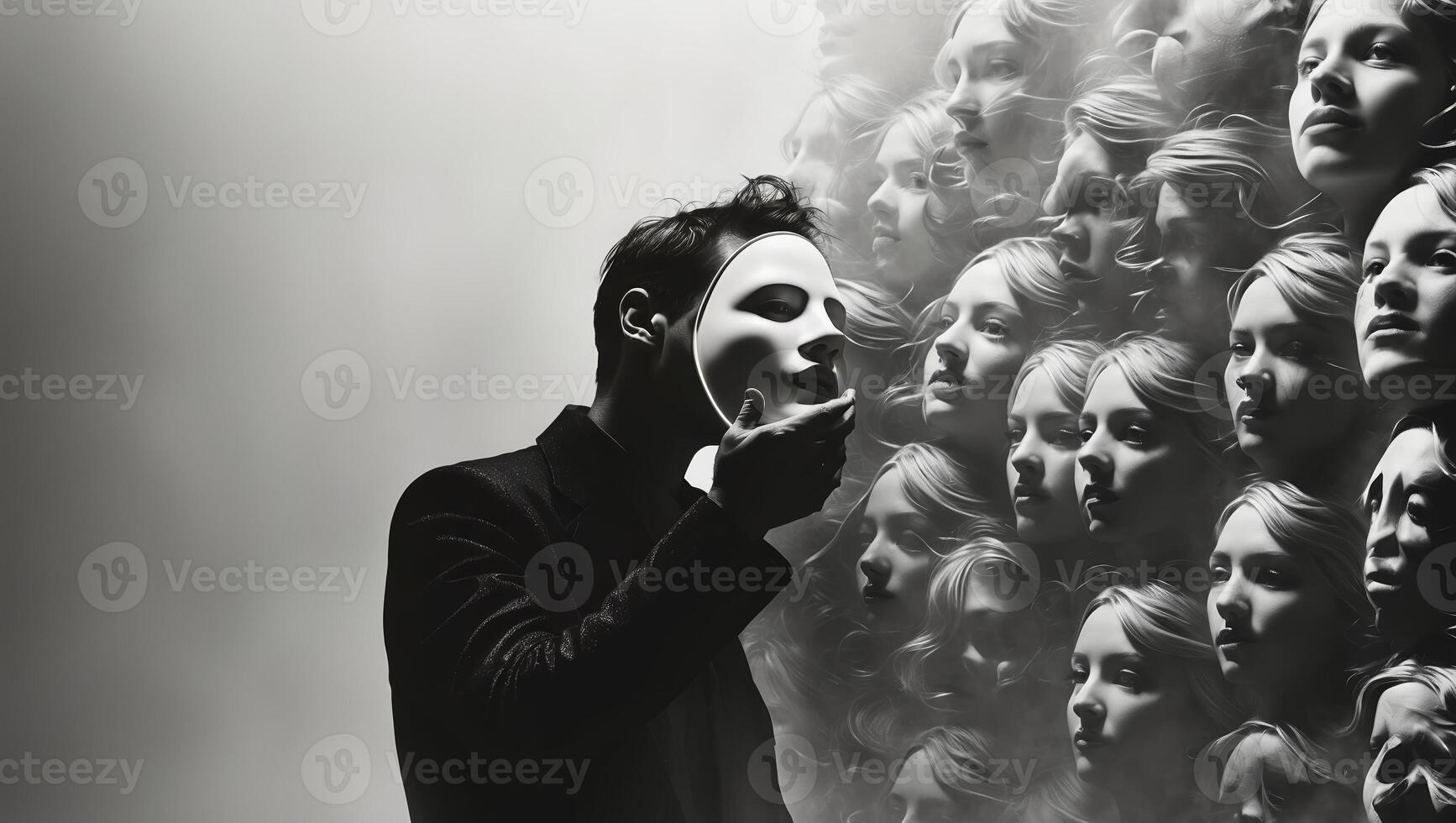 Intriguing performance art with mask and haunting reflections in black and white setting photo