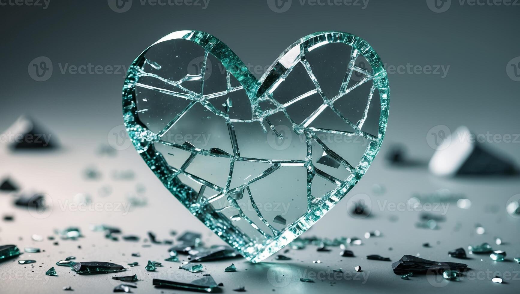 Shattered glass heart surrounded by broken pieces in abstract art setting photo