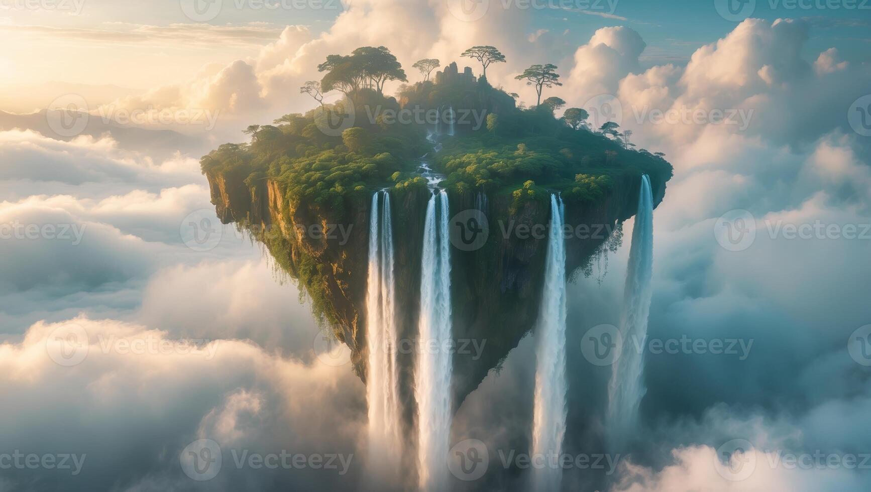 Floating island surrounded by waterfalls and clouds at sunrise creates a surreal landscape filled with natural beauty photo