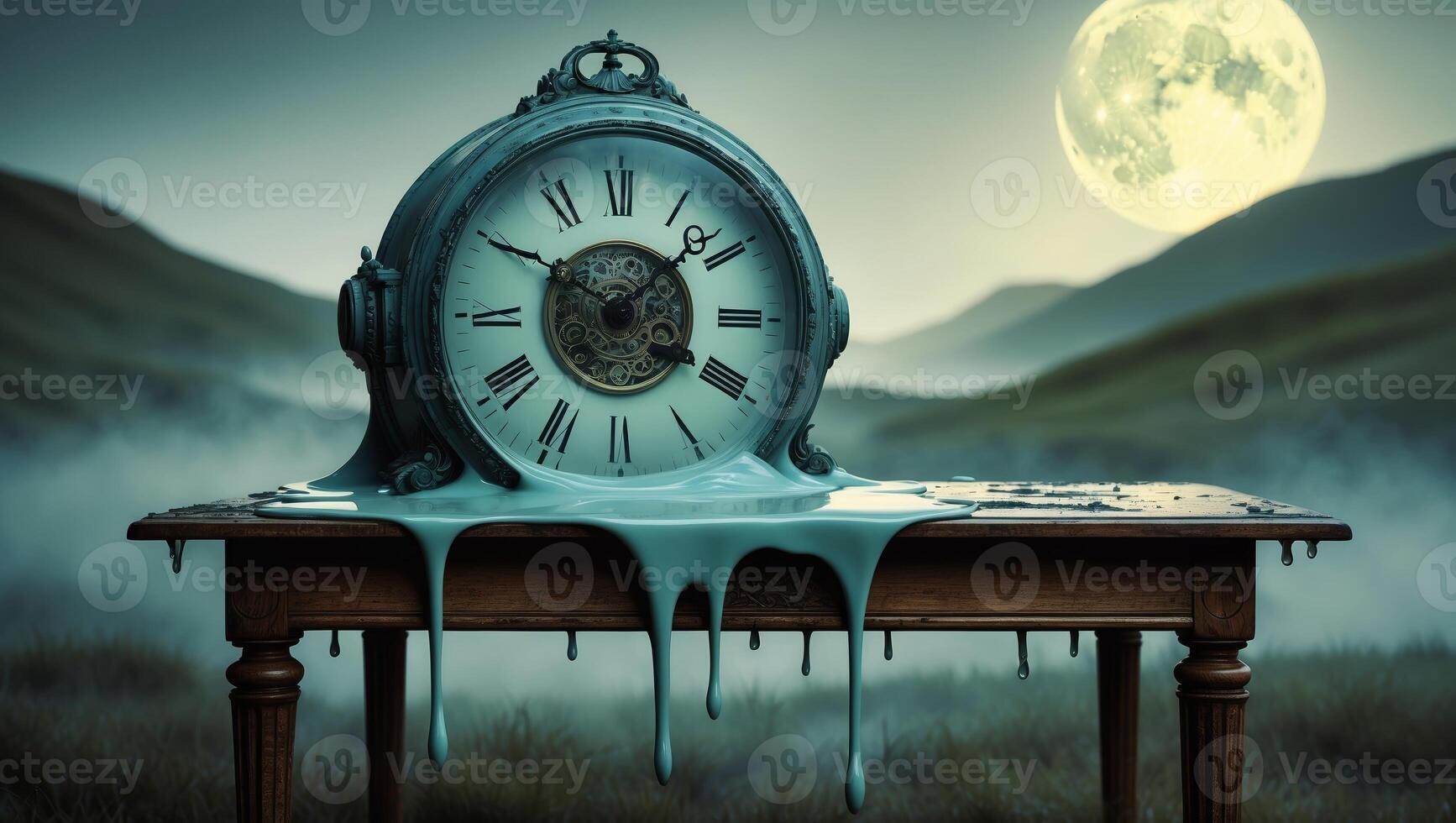 Surreal melting clock on a table under a full moon amidst misty hills at night photo