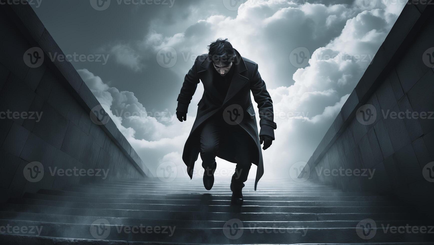 Intense figure descends dark staircase under stormy sky during a mysterious evening setting photo