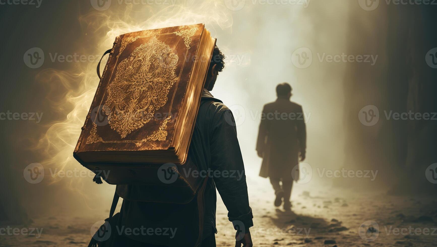 Mysterious figure with ancient book walking through foggy alley at dusk, revealing shadowy presence behind photo