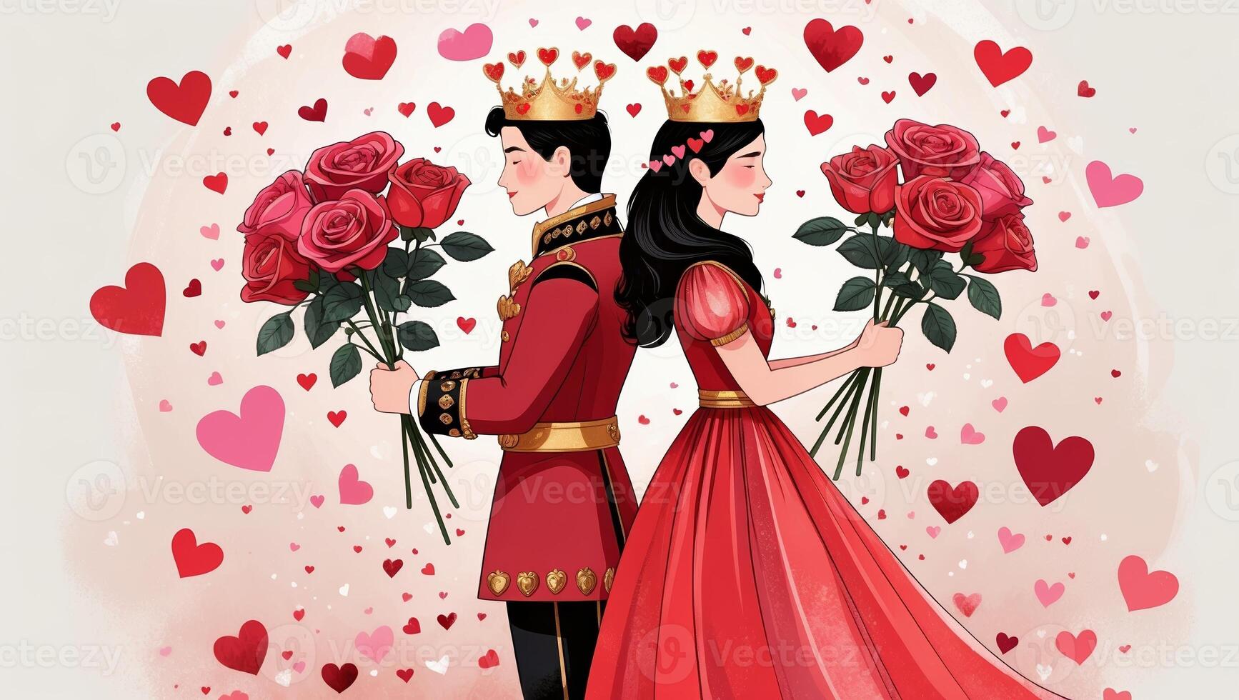 Couple dressed as royalty holds roses while surrounded by hearts in a romantic atmosphere photo