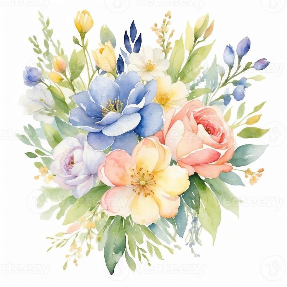 Colorful floral bouquet with roses and wildflowers in soft watercolor style photo