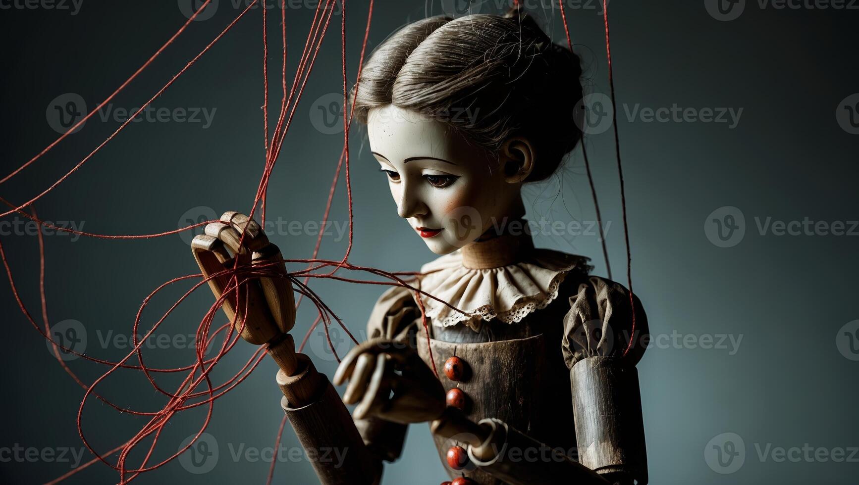 Wooden puppet interacts with tangled strings in a dimly lit room during a creative arts session photo
