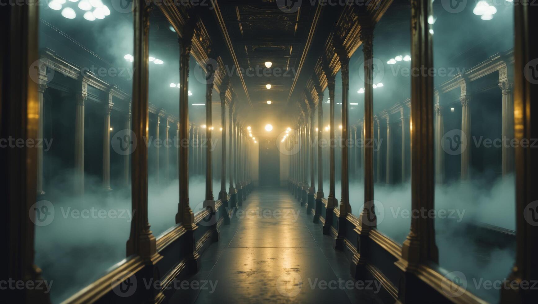 Mysterious corridor illuminated by soft lights surrounded by fog in an abandoned building during nighttime photo