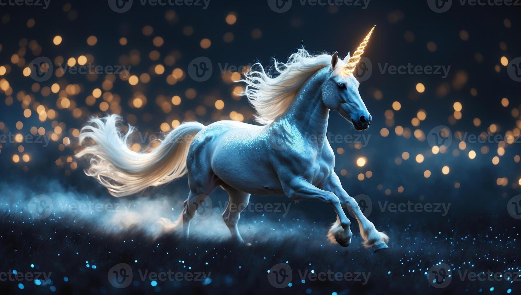 Majestic unicorn running through a mystical forest at twilight with shimmering lights in the background photo
